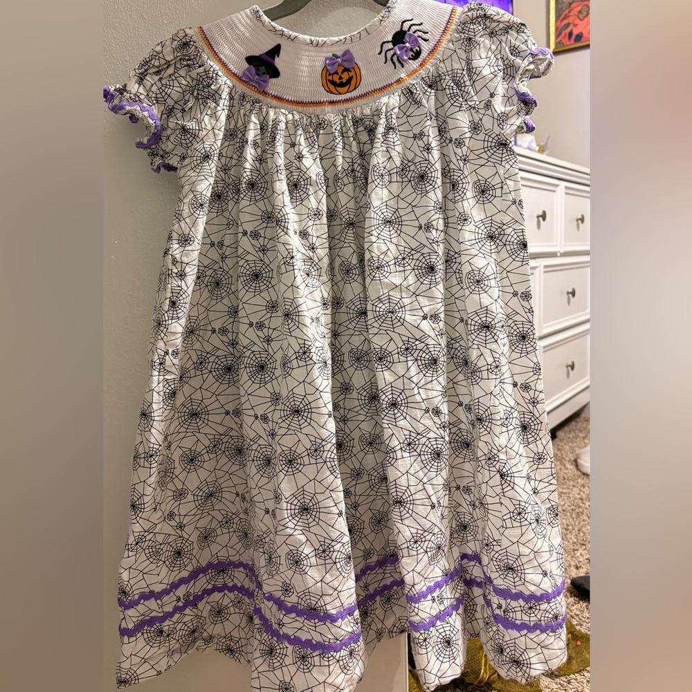 Girls White Spiderweb Halloween Nightgown with Purple Trim